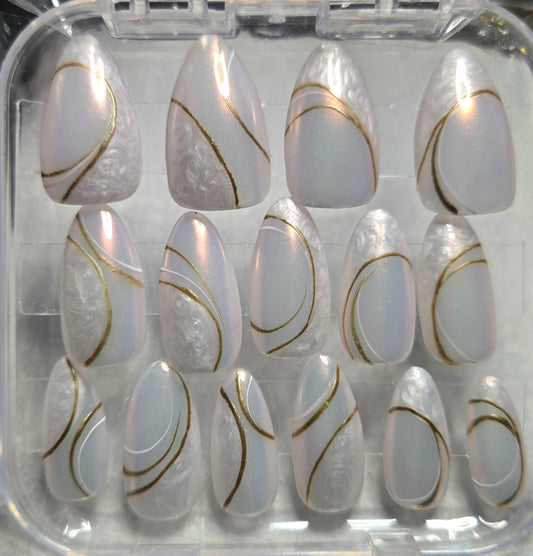 Pearl White With Chrome Press-On Nails | Gold Swirl Line Art Nail Set