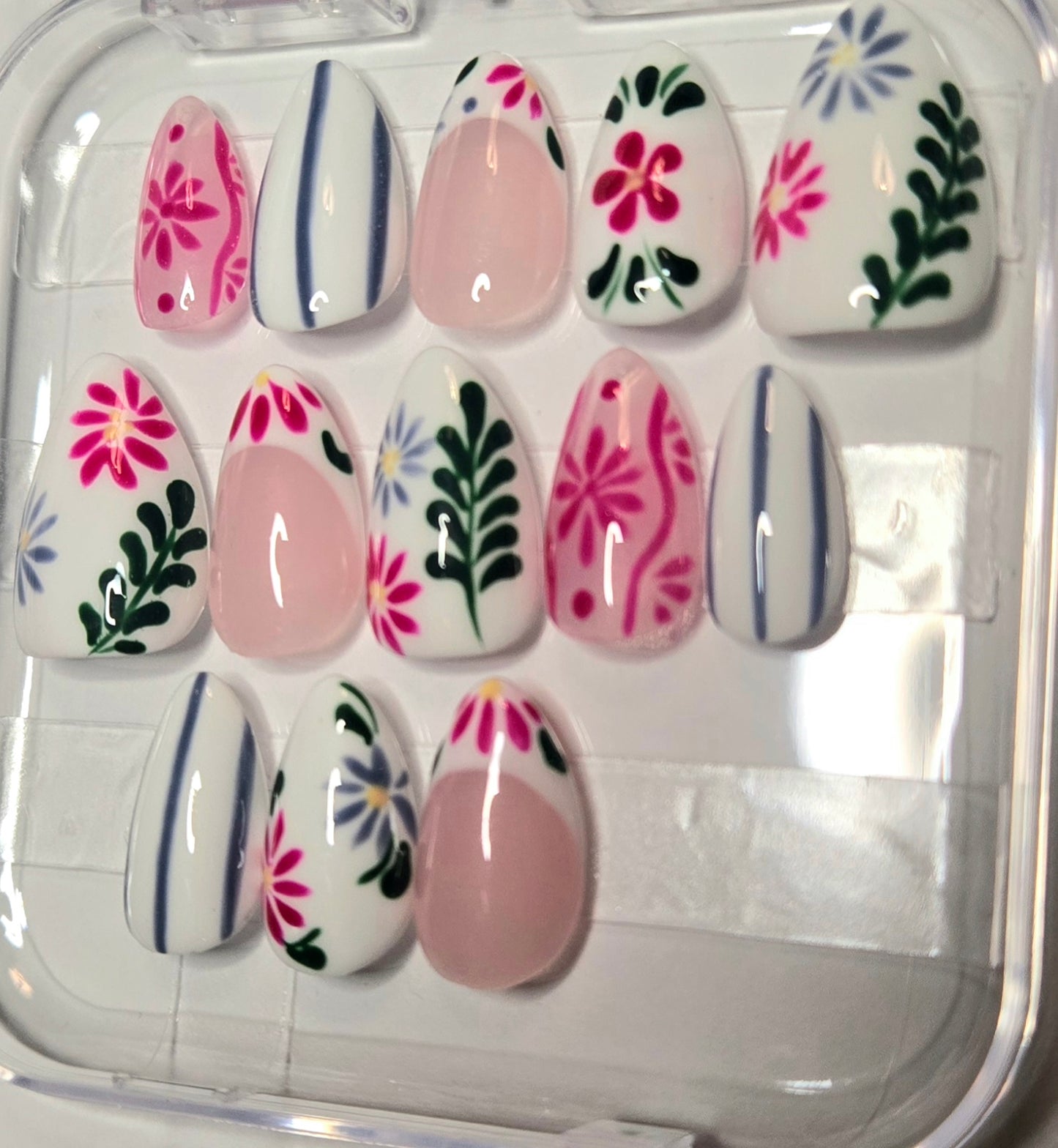 Custom Floral Press-On Set | Builder Gel Structure | Short Almond