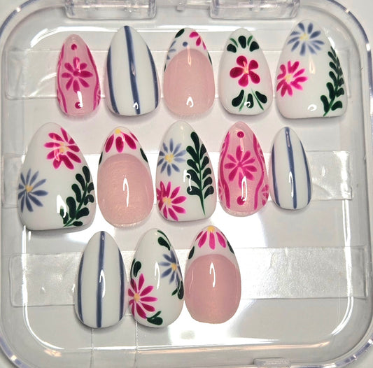 Custom Floral Press-On Set | Builder Gel Structure | Short Almond