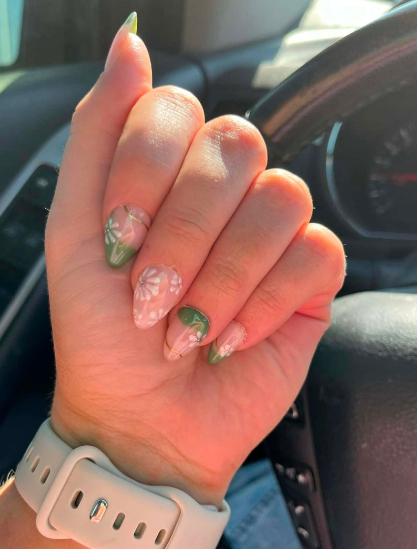 Custom Floral Press-On Nails | Builder Gel Structure | Short Almond