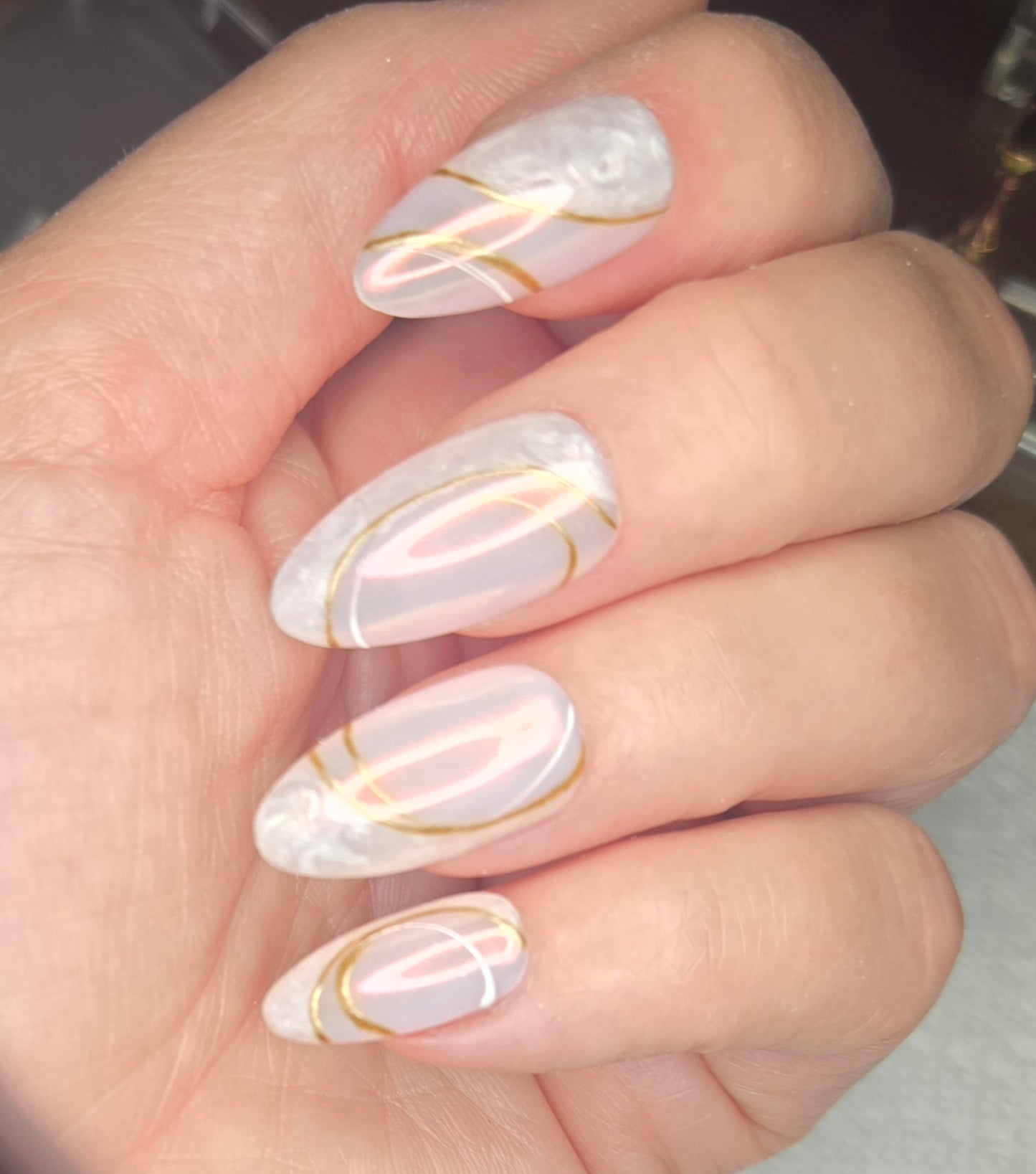 Pearl White With Chrome Press-On Nails | Gold Swirl Line Art Nail Set