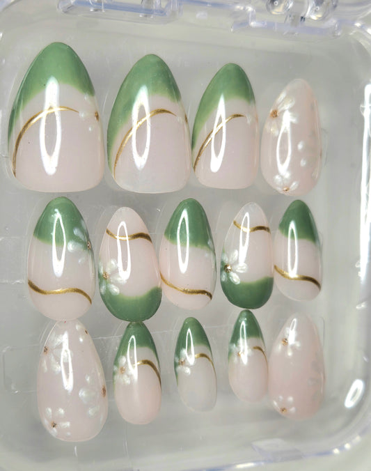 Custom Floral Press-On Set | Builder Gel Structure | Short Almond