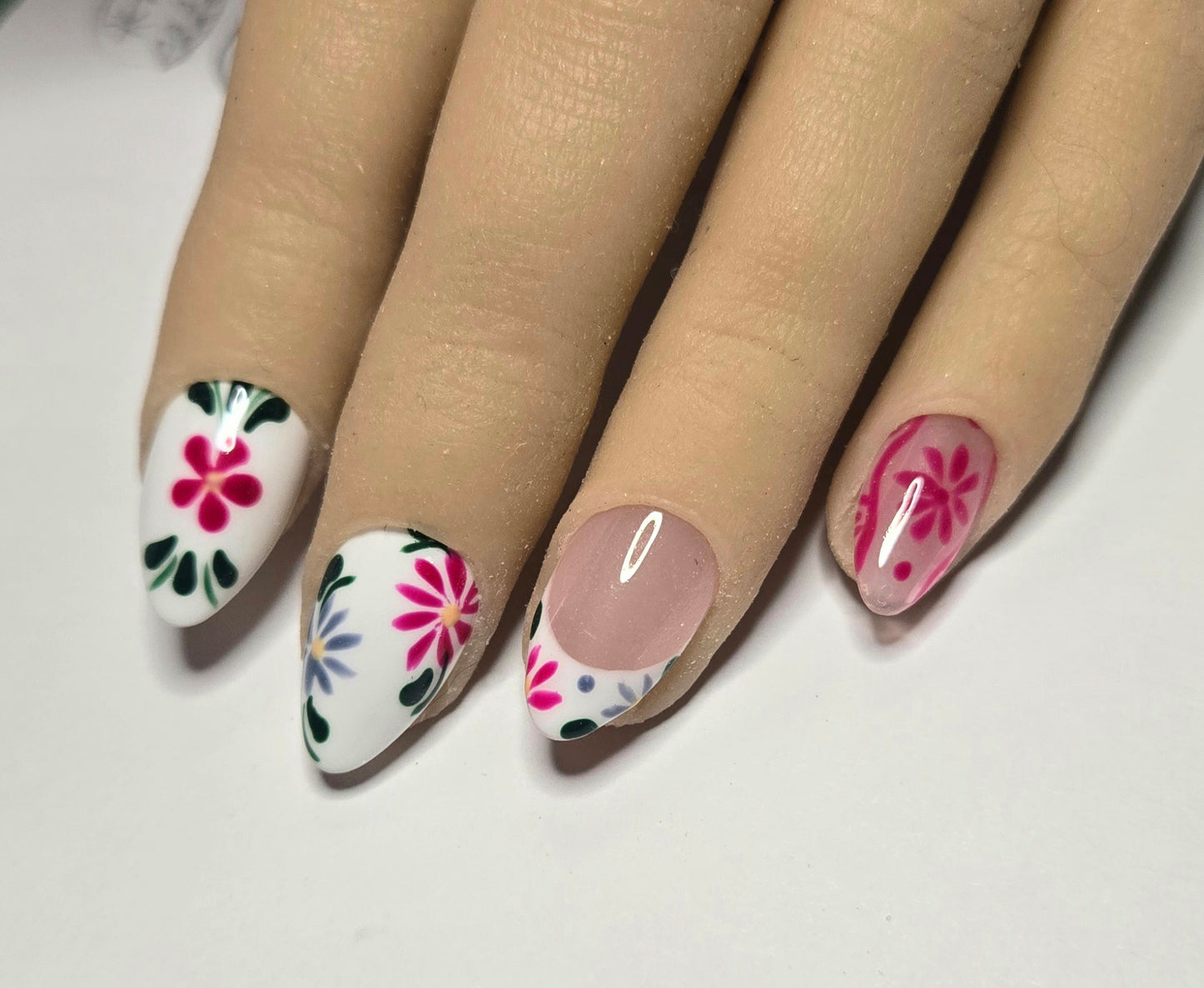 Custom Floral Press-On Set | Builder Gel Structure | Short Almond